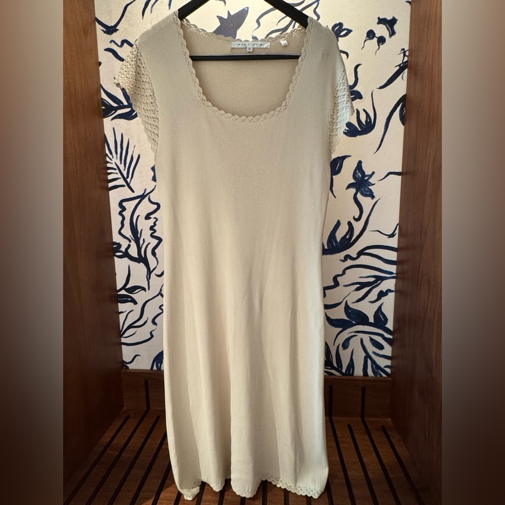 Vintage Y2K Max Studio Ribbed Cream Midi Dress XL Lace Trim